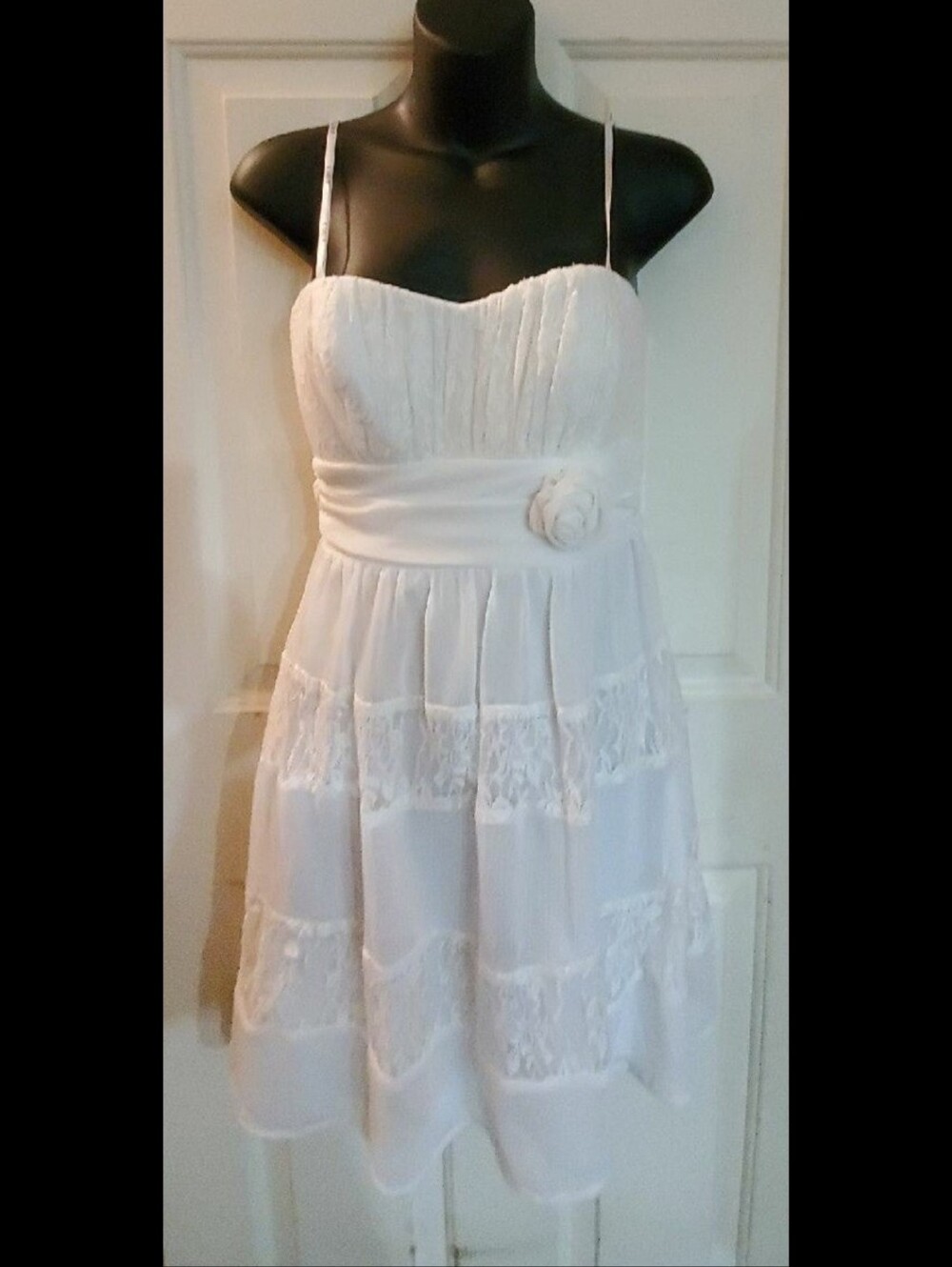 B Darlin White Strapless Lace Tiered Sundress with Rosette Waist